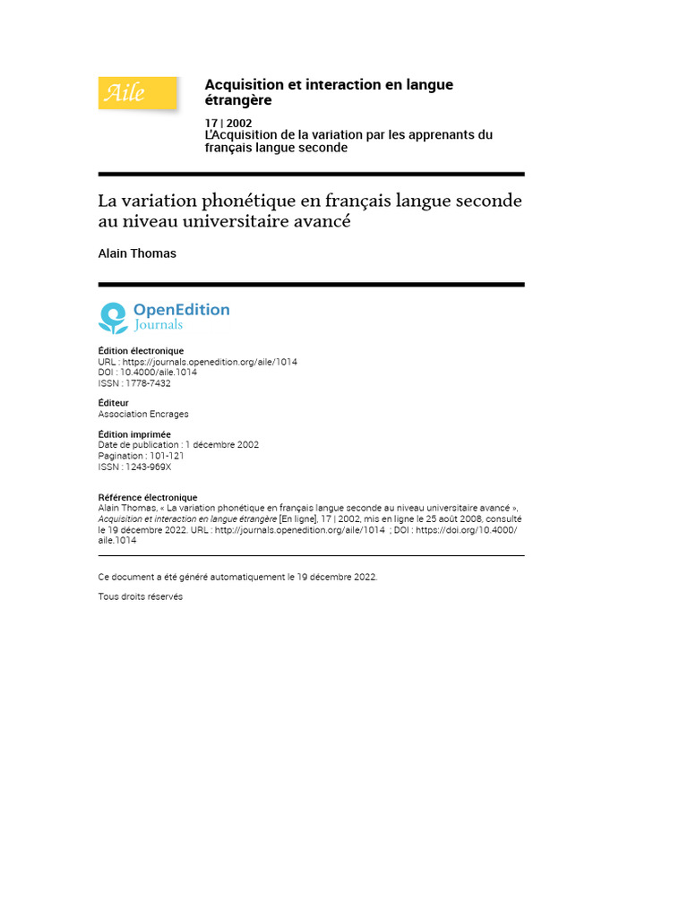 Variation phonétique en français L2 avancé | PDF | Langue française ...