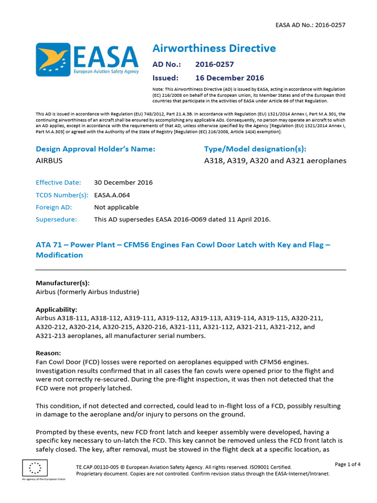 EASA AD 2016-0257: FCD Modification | PDF | Aviation | Aircraft