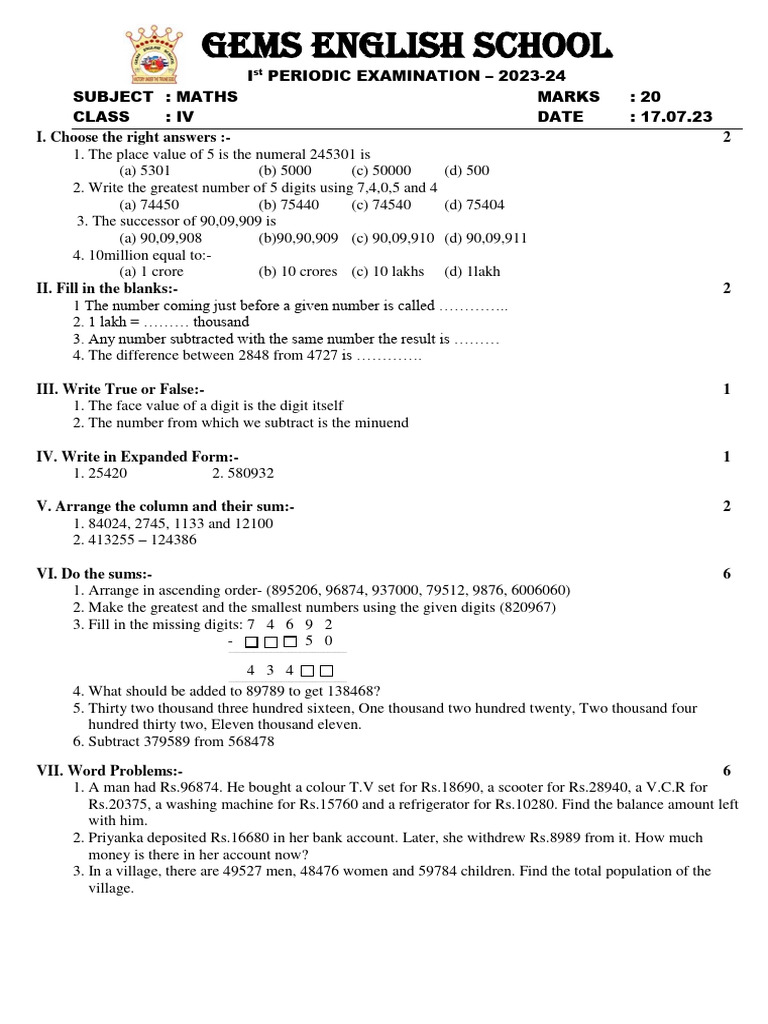 Class 4 Maths Exam Paper 2023-24 | PDF | Subtraction | Numbers