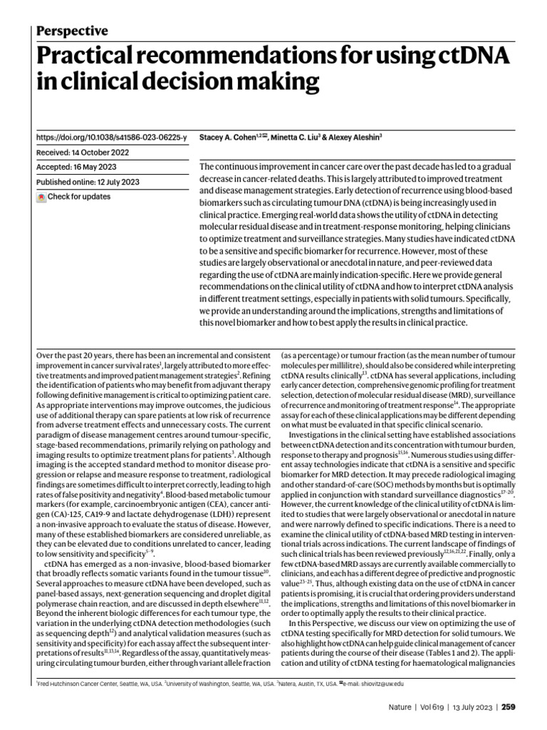ctDNA in Cancer Care: Clinical Insights | PDF | Biomarker | Therapy