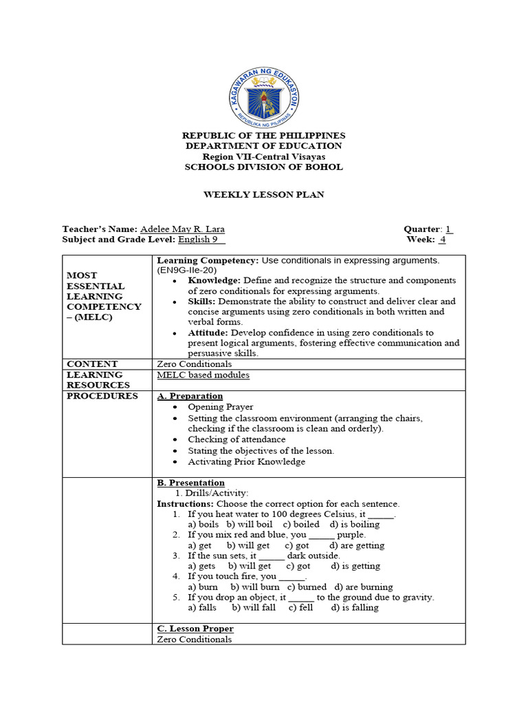 Zero Conditional Lesson Plan for English 9 | PDF | Causality | Water
