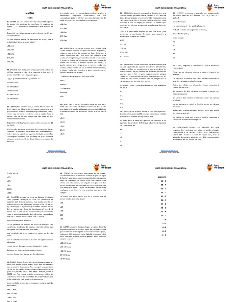 Conjuntos Numericos Lista De Exercicios Matematica Enem Pdf Números