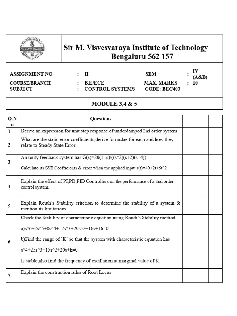 Control Systems Assignment Questions | PDF