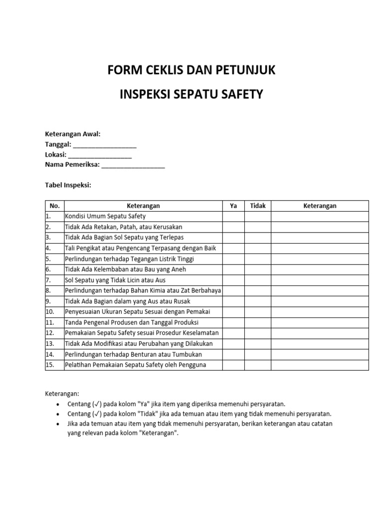 Ceklis Inspeksi Sepatu Safety | PDF