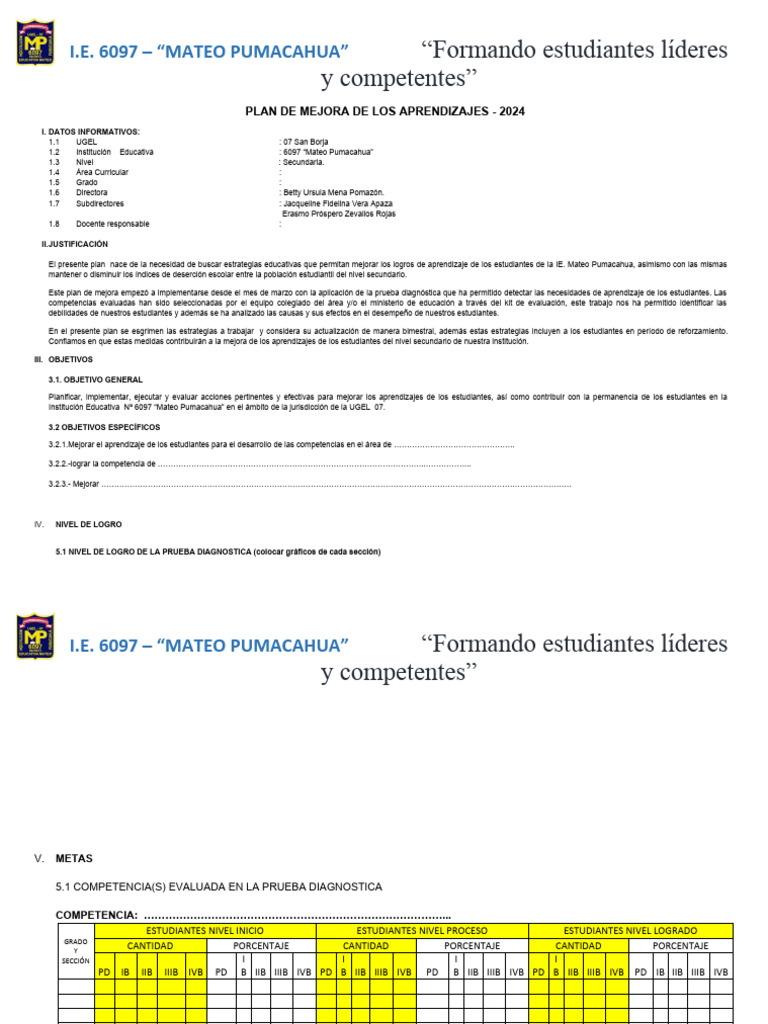 Plan de Mejora Educativa 2024 I.E. 6097 | PDF | Cambio | Modificación ...