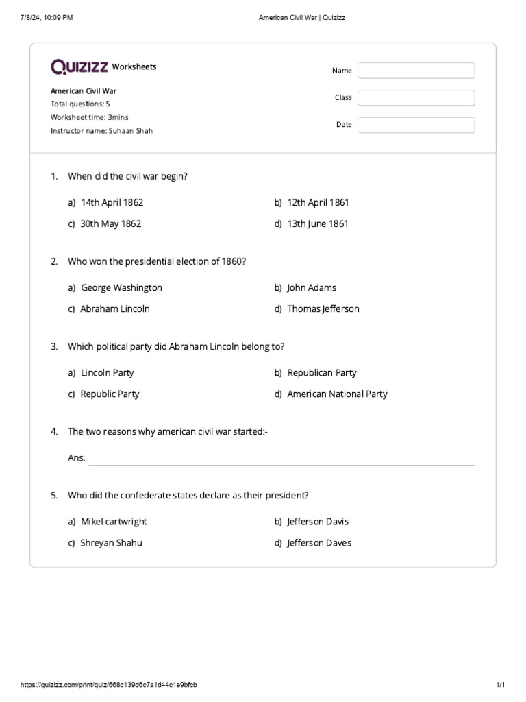 American Civil War - Quizizz | PDF