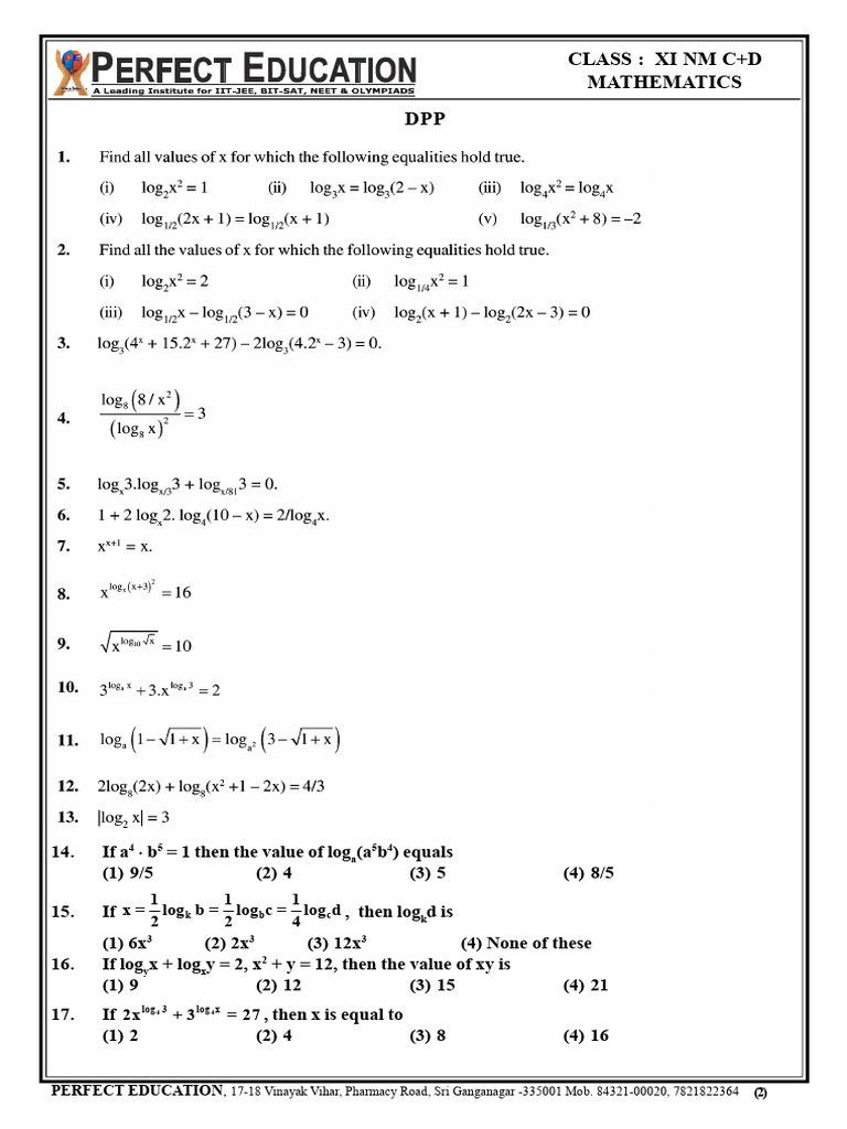 Logarithm Problems for Class XI | PDF | Logarithm | Equations