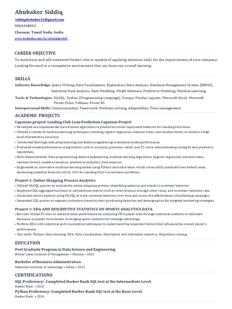 Data Science Fresher Resume | PDF | Machine Learning | Analytics
