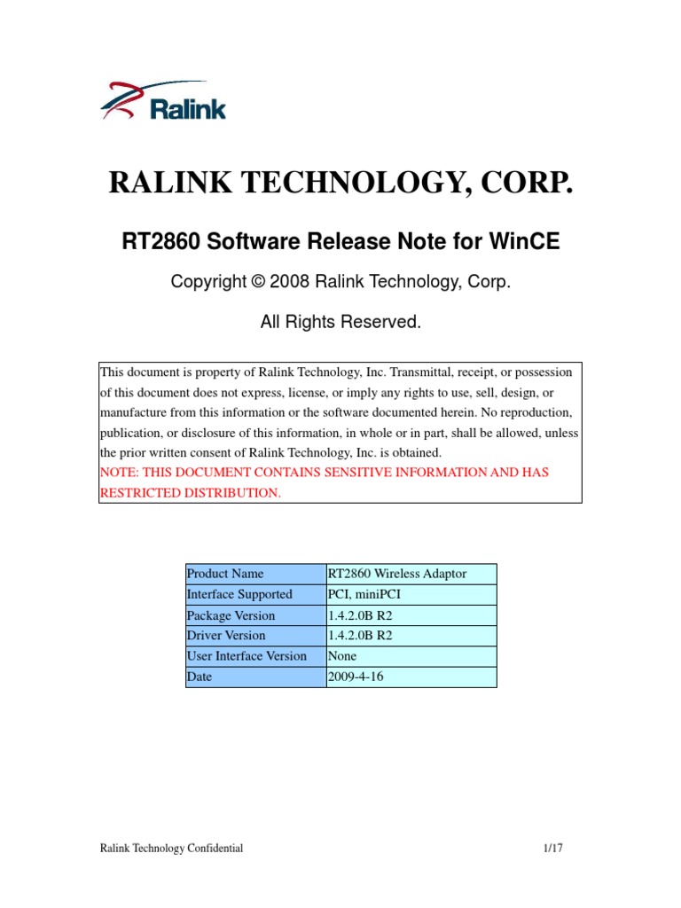 RT2860 Software Release Note For Windows CE | Proprietary Software ...