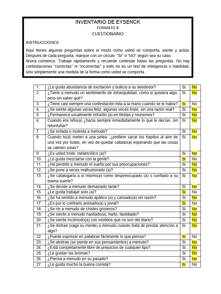 Cuestionario del Test de Eysenck | PDF
