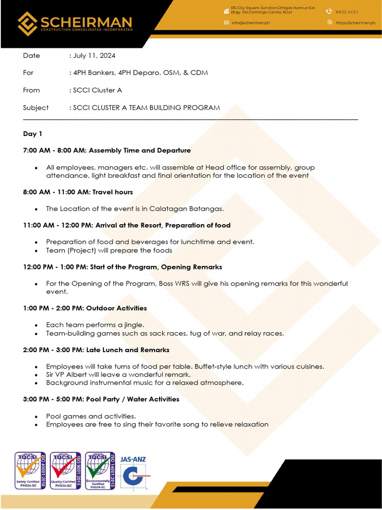 SCCI Cluster A Team Building Agenda | PDF | Lunch | Eating Behaviors Of ...