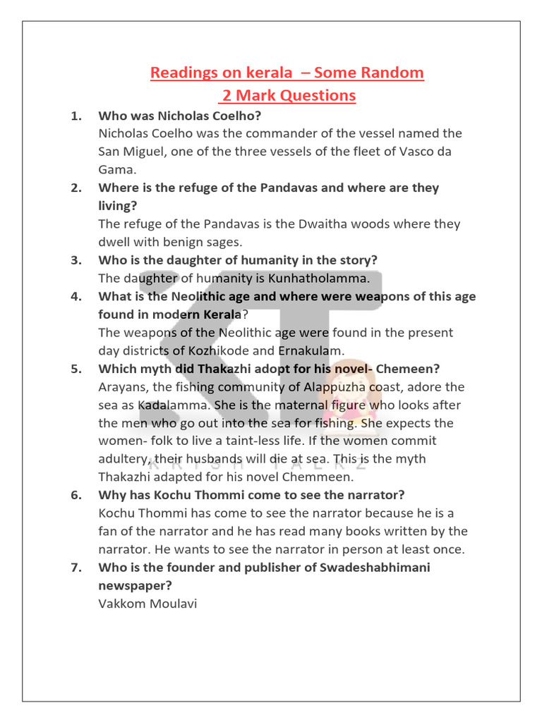 Readings on Kerala Random Questions With Answers KT PDF