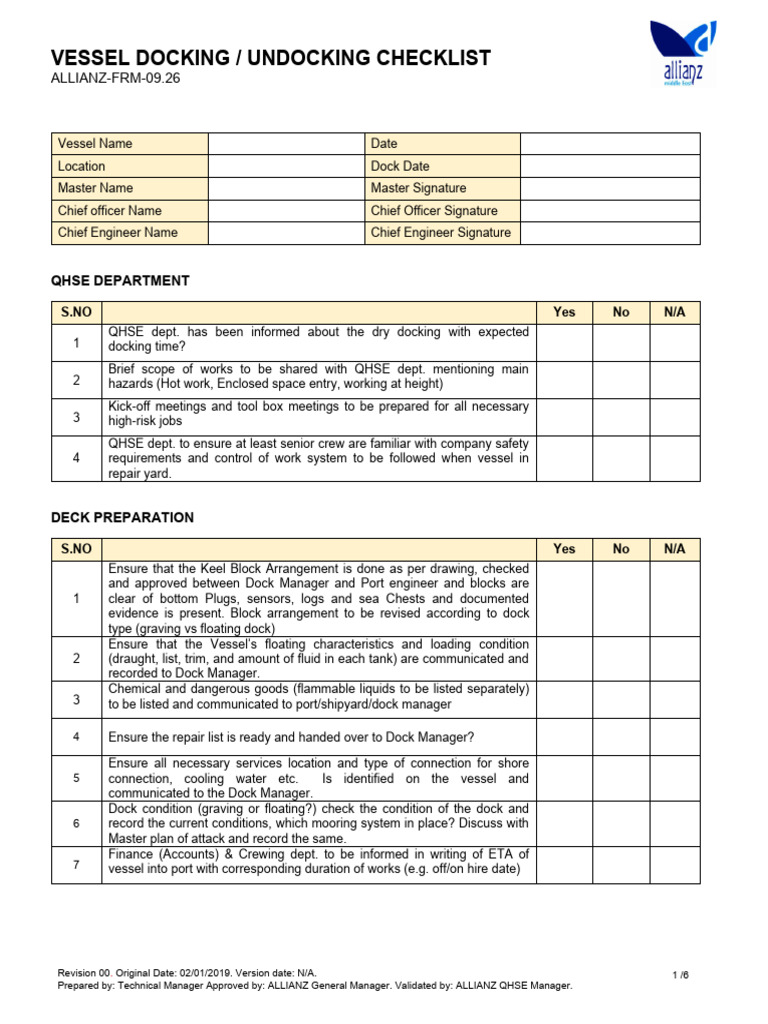Vessel Docking/Undocking Checklist | PDF | Ships | Tugboat