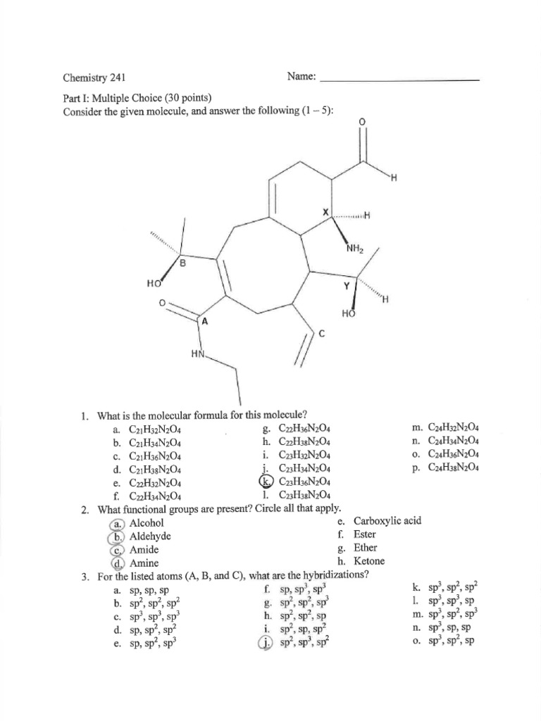 Chemistry 241 Exam 1 V1 W24 KEY | PDF
