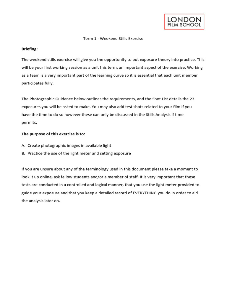 T1 Weekend Stills Exercise - Handout | PDF | Exposure (Photography ...