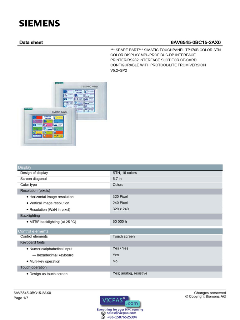 SIMATIC TP170B Color Touchpanel Data Sheet | PDF | Icon (Computing ...