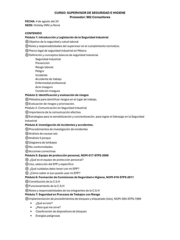 Supervisor De Seguridad E Higiene Pdf Valores Higiene