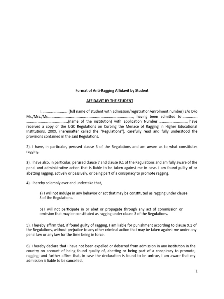 Format of Student Anti Ragging Affidavit | PDF | Affidavit | Legal ...