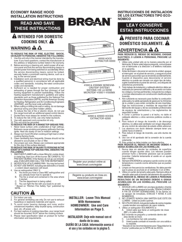 Broan Range Hood Manual | PDF | Bienes manufacturados | Equipo