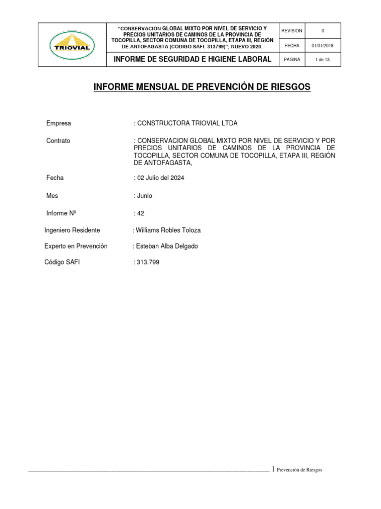 Informe Mensual de Prevencion de Riesgos Mes Junio 2024 | PDF | Lugar ...