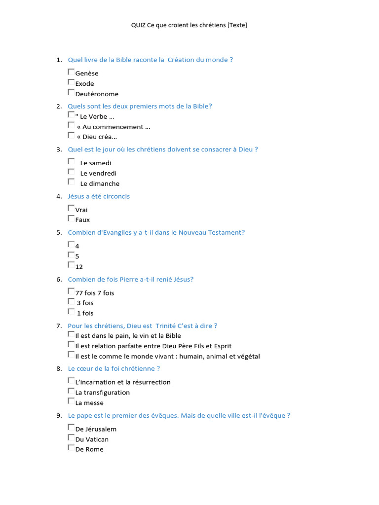 Quiz sur la foi chrétienne | PDF | Jésus | Dieu