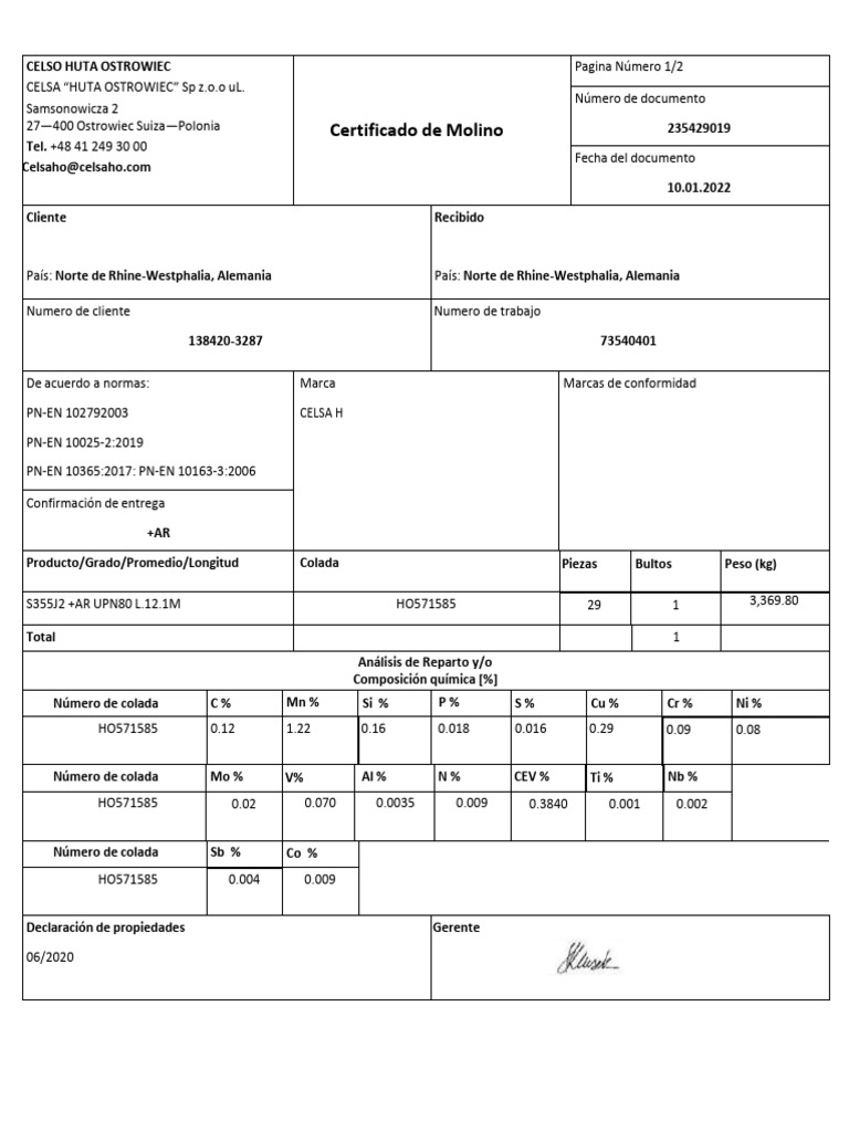 Certificado de Molino CELSA H 2022 | PDF | Nutrientes esenciales
