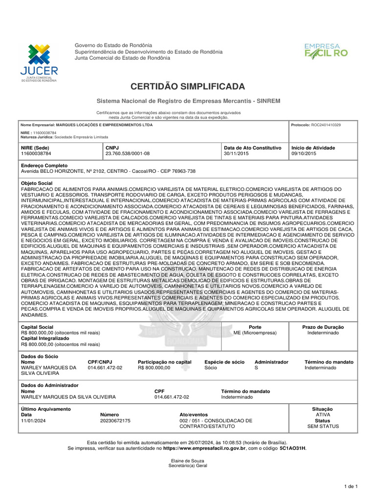 Certidão Simplificada Empresarial Pdf Economias Business