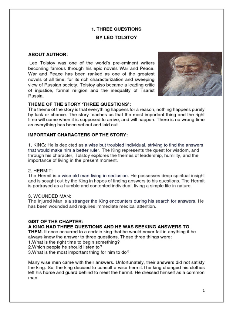 Tolstoy's Three Questions Explained | PDF | Noun | Adjective