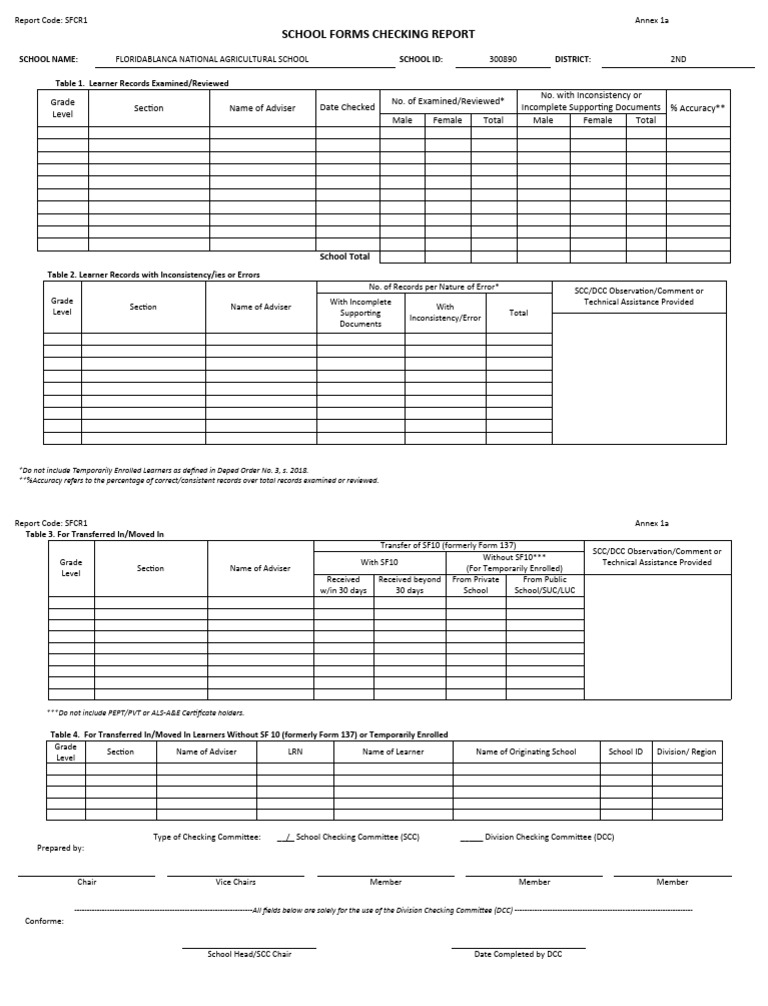 School Forms Checking Report SFCR1 | PDF