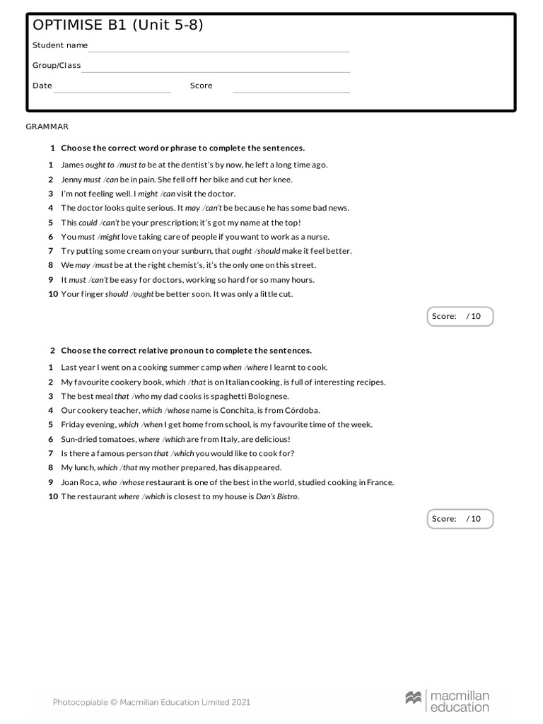 Final Test B1 (Unit 5-8) | PDF | Sunglasses