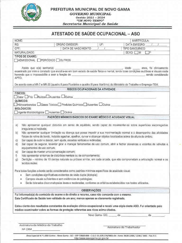 Ficha de Atestado de Saúde Ocupacional (Aso) | PDF