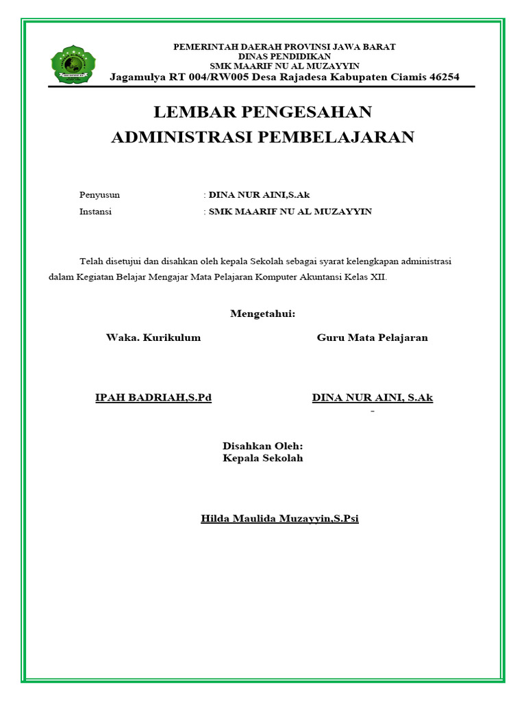 Lembar Pengesahan Administrasi Pembelajaran | PDF