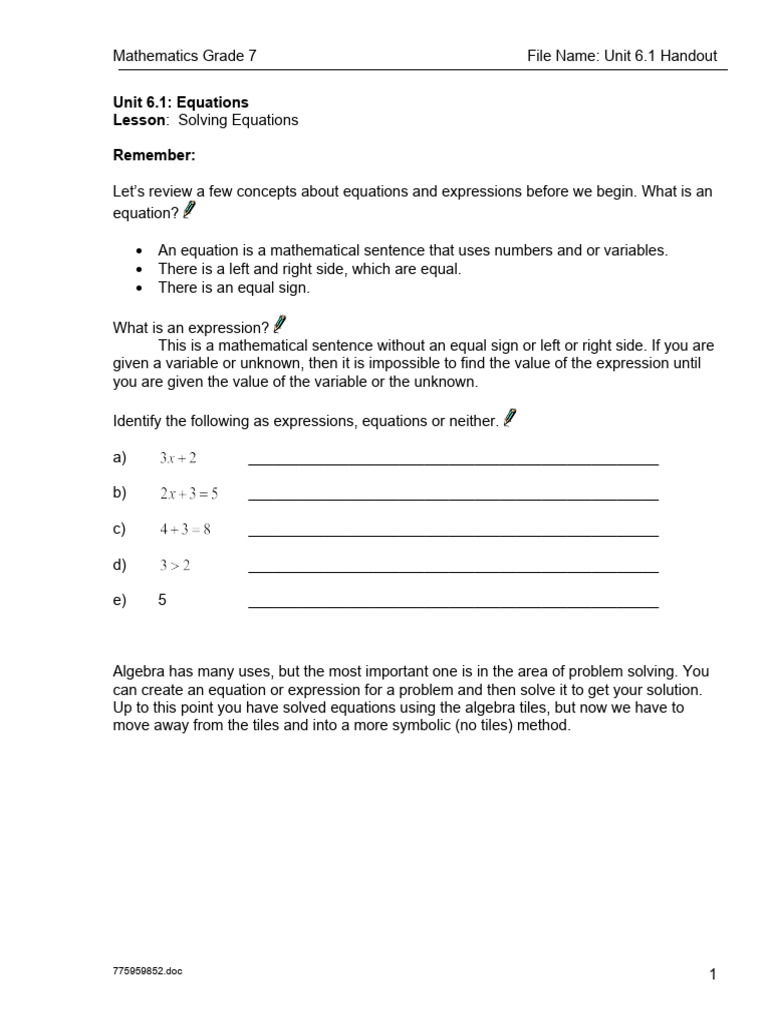 Lesson 1 Notes | PDF | Equations | Algebra