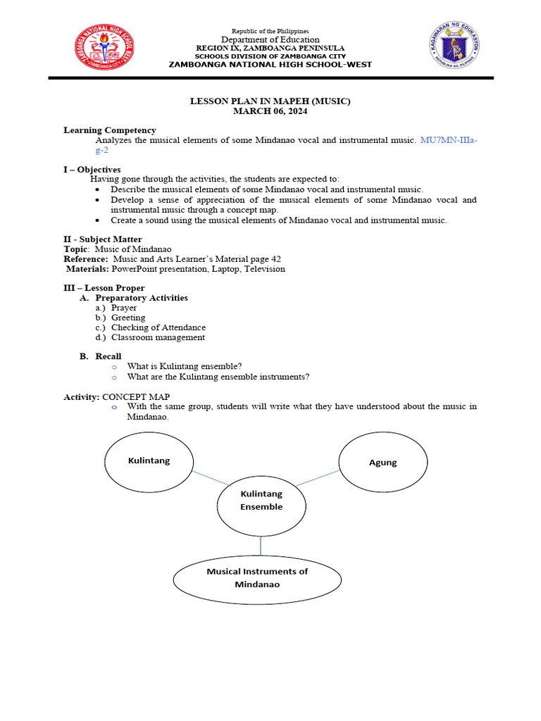 Mindanao Music Lesson Plan for MAPEH | PDF | Rhythm | Melody