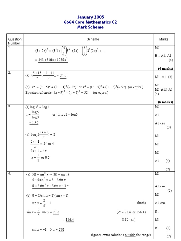 Core Mathematics C2 Mark Scheme 2005 | PDF | Teaching Mathematics ...