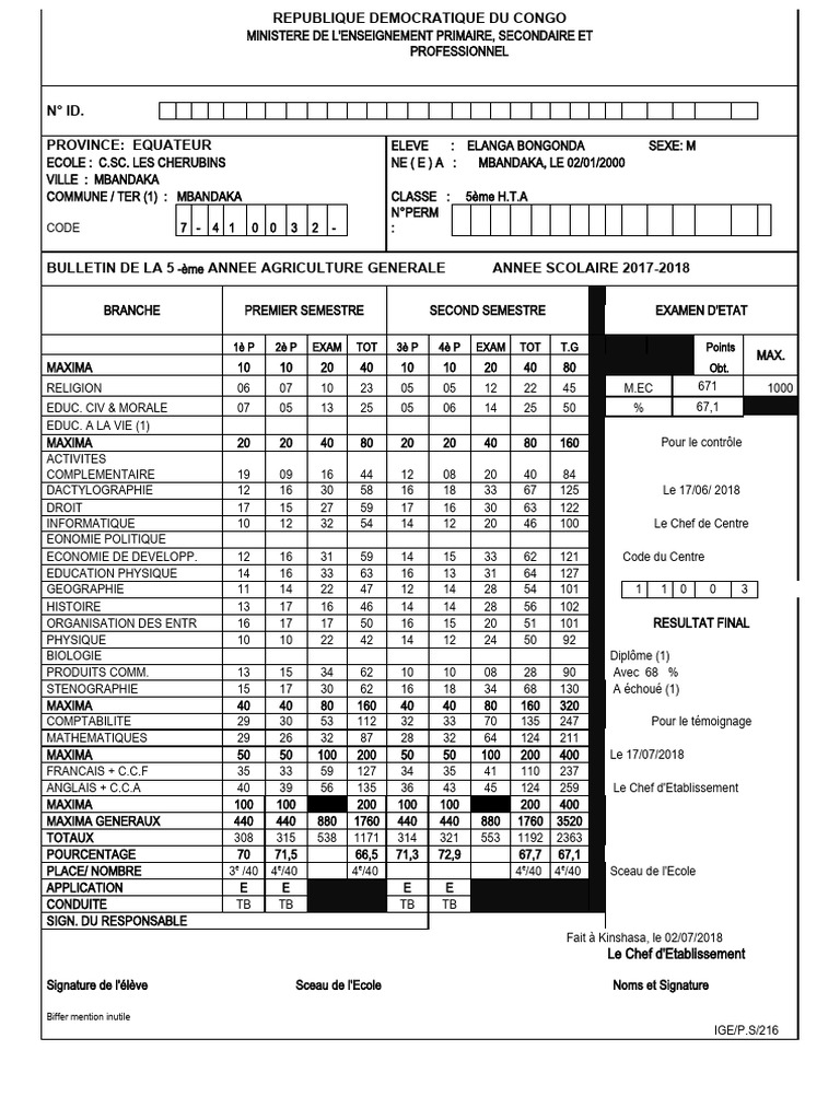 Bulletin Scolaire RDC 2017-2018 | PDF | Niveaux d'enseignement
