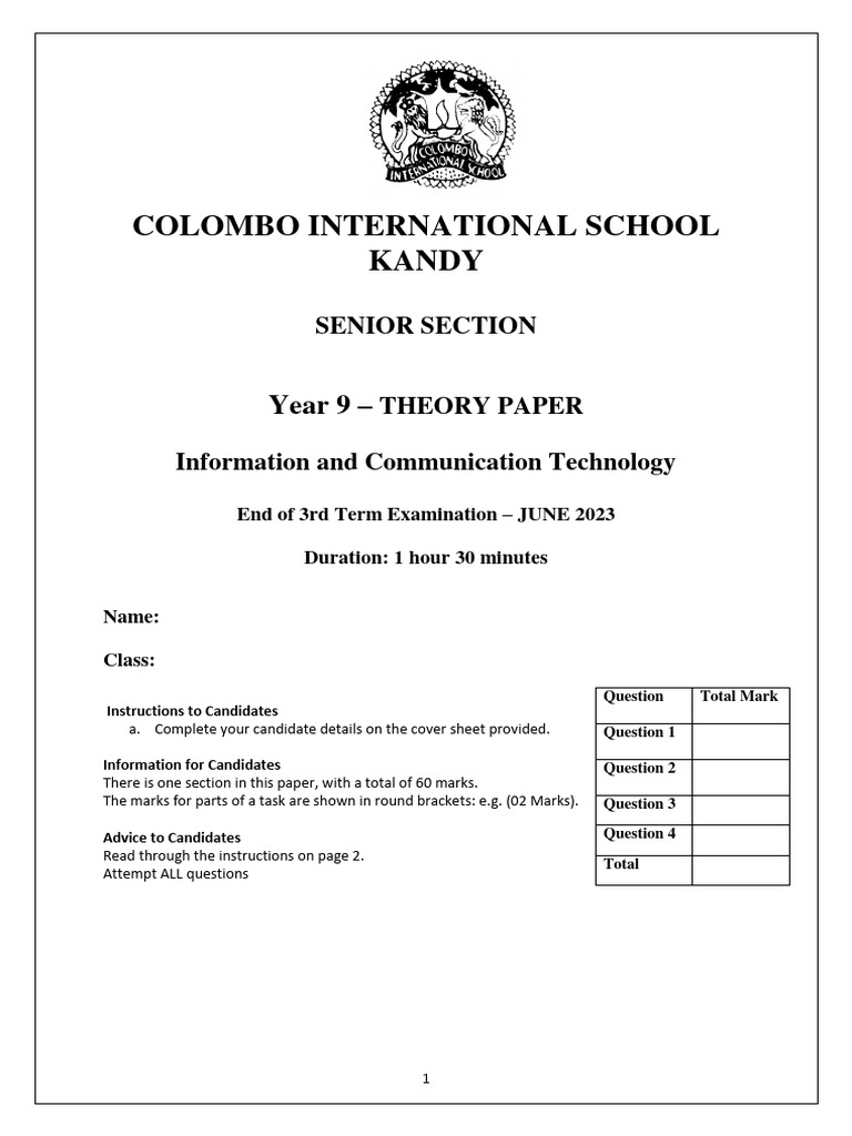 Year 9 ICT Theory Exam Paper 2023 | PDF | Computer Network | Network ...