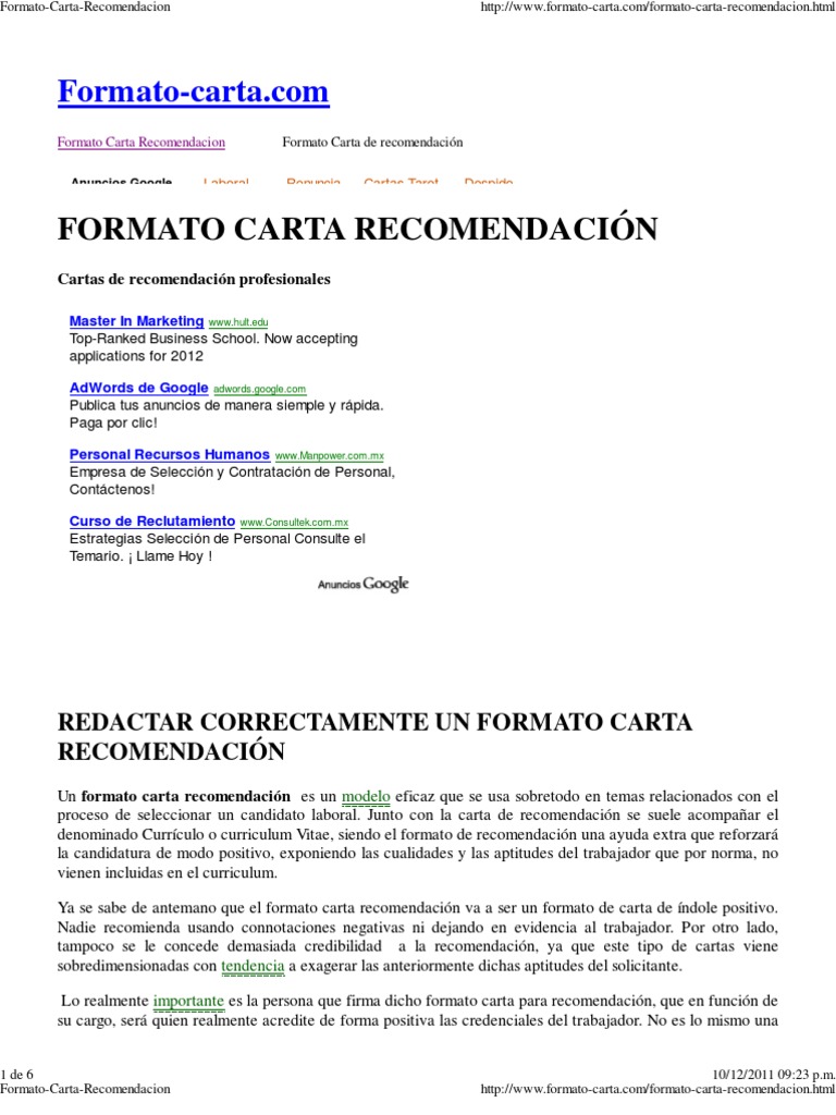 FormatoCartaRecomendacion  Gestión de recursos humanos  Plan de