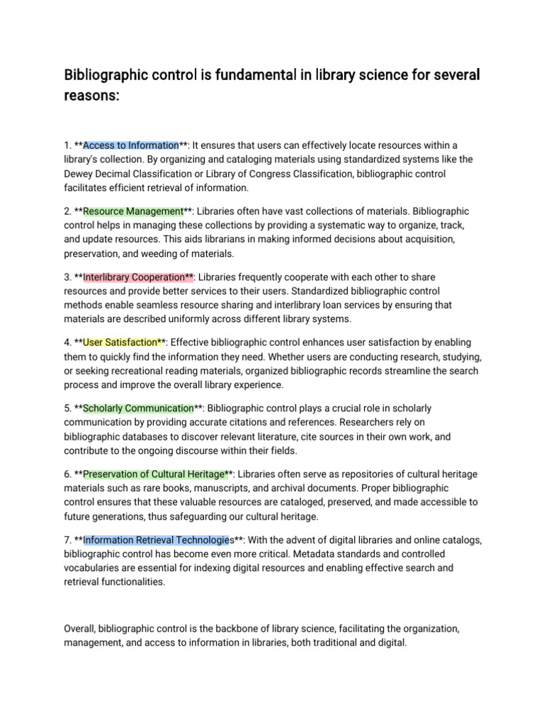 Importance of Bibliographic Control in Libraries | PDF | Libraries ...