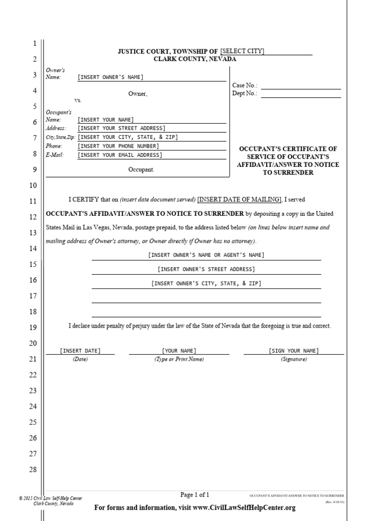 Cos For Occupant Answer Fillable | PDF | Affidavit | Written Communication