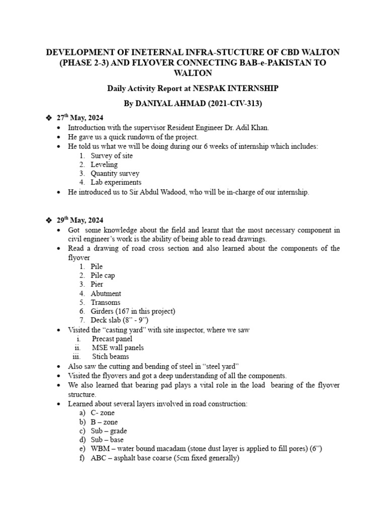 NESPAK Internship Daily Report | PDF | Concrete | Road