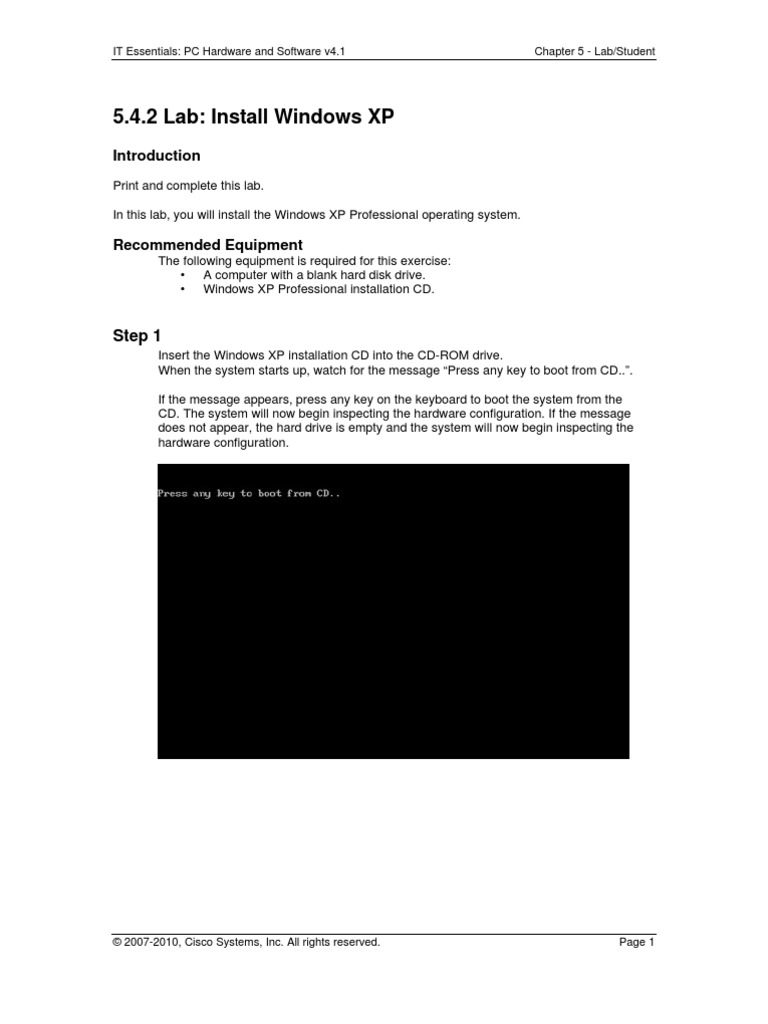 5.4.2 Lab: Install Windows XP: Step 1 | PDF | Computers