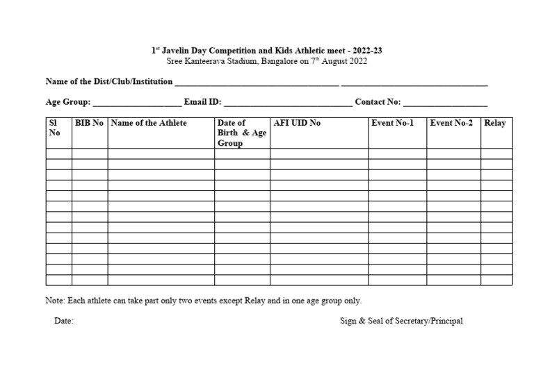 1st Javelin Day Competition and Kids Athletic Meet Entry Form 2 | PDF