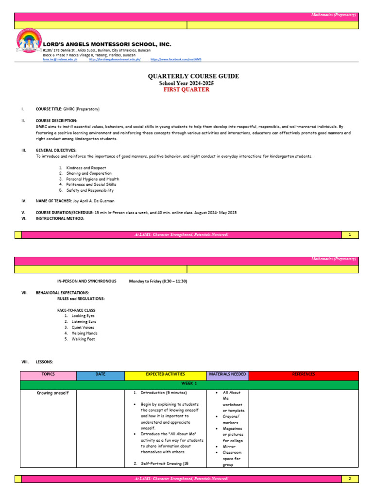 GMRC Curriculum Guide for Grade 1 | PDF | Rubric (Academic) | Learning
