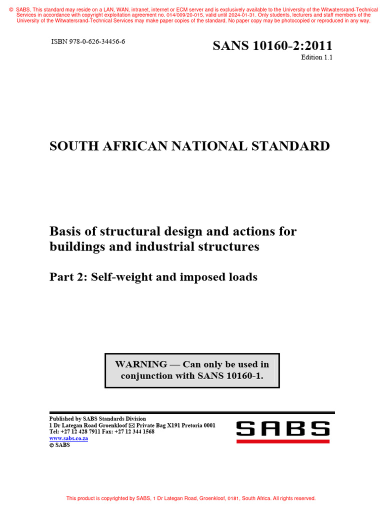 SANS10160-2 (Part 2 - Self Weight and Imposed Loads) | PDF | Copyright ...