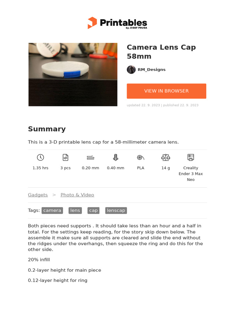 3D Printable 58mm Camera Lens Cap | PDF | Camera | Camera Lens