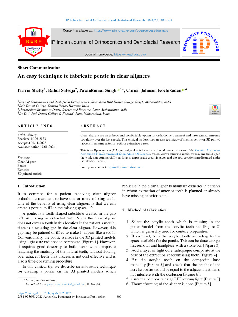 An Easy Technique To Fabricate Pontic in Clear Aligners: IP Indian ...