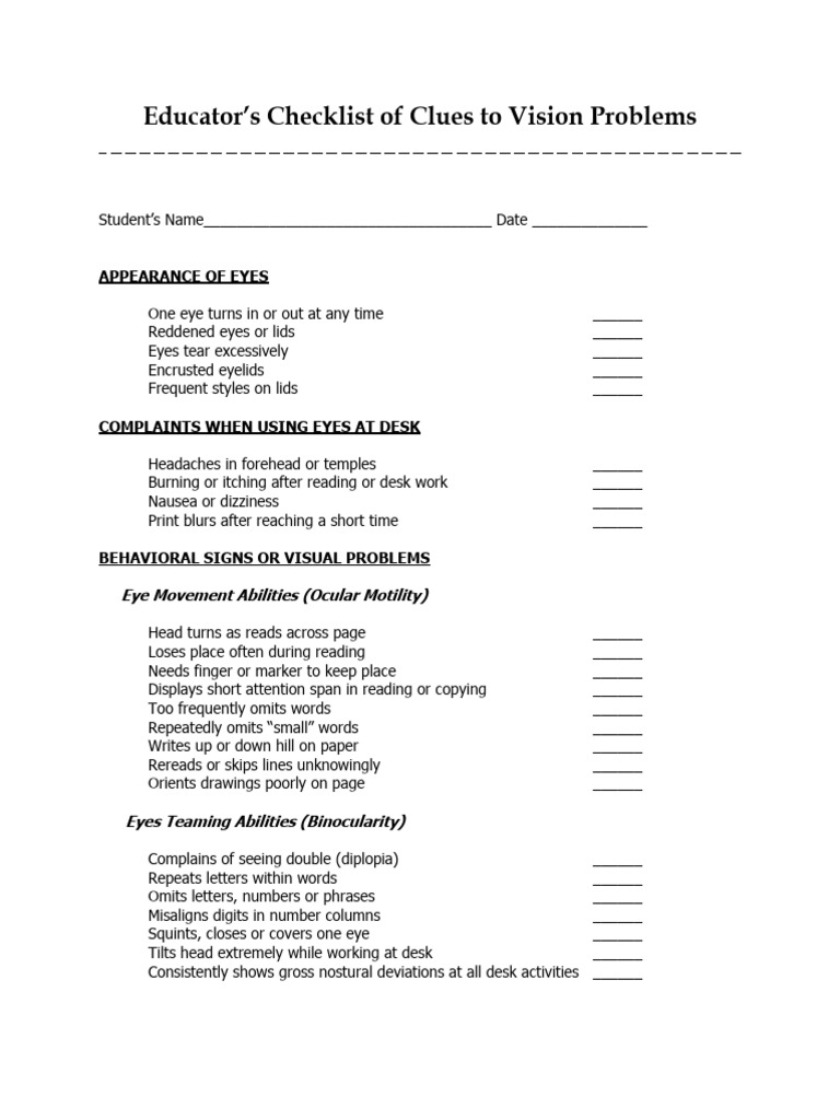 Educator s checklist of clues to vision problems pdf vision