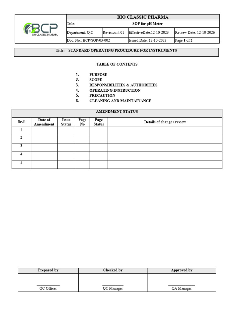 SOP for pH Meter | PDF | Ph | Physical Chemistry