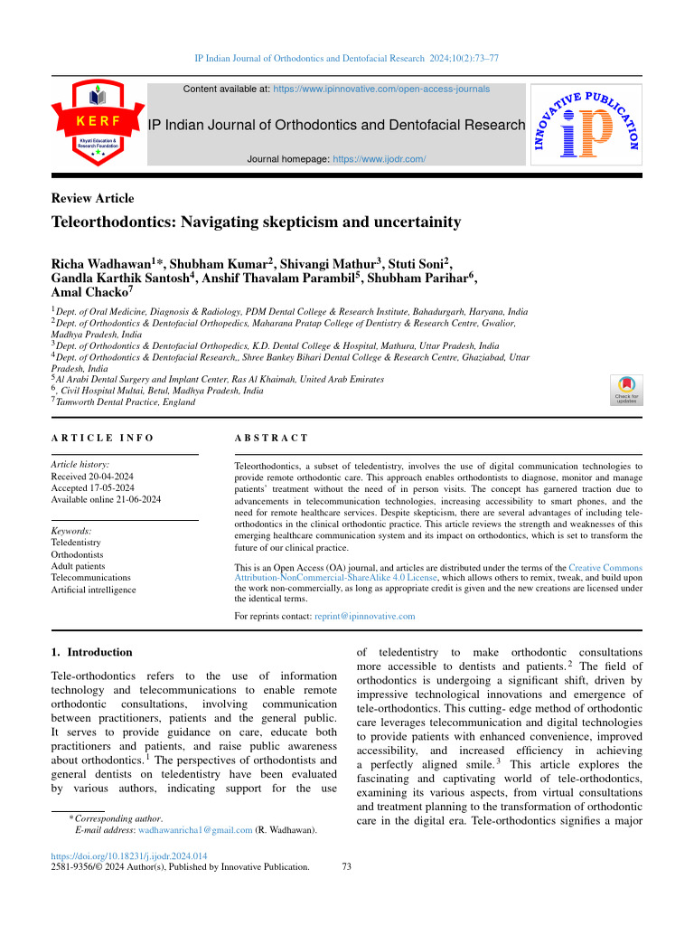 Teleorthodontics: Navigating Skepticism and Uncertainity: IP Indian ...